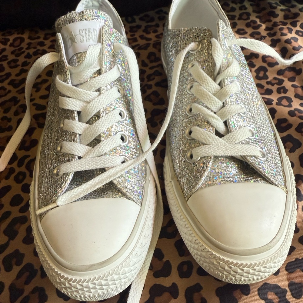 Silver and White Sparkly Converse Sneakers with Rubber Toe Cap